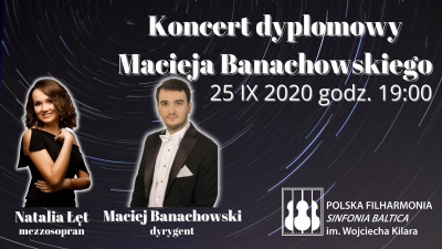 Plakat promujący koncert Macieja Banachowskiego - dwie postacie wraz z opisem wydarzenia